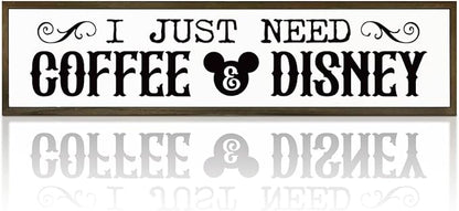 WKYAER Coffee Wood Sign, Decorative Wooden Hanging Sign, Farmhouse Table Shelf Decoration for Home Kitchen, Coffees Bar Decor, Cafe Decor, I Just Need Coffee & Disney Signs