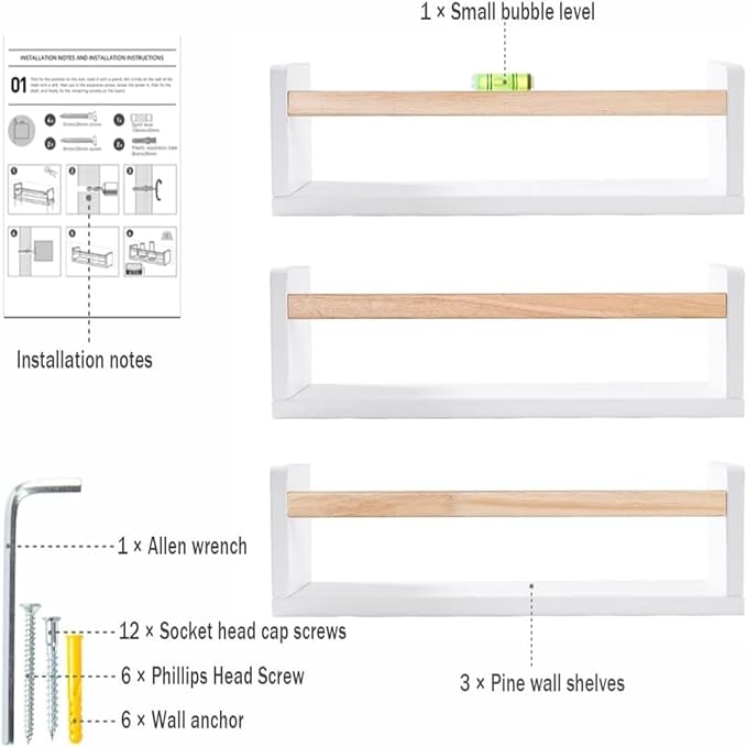 AZSKY 16 Inch Nursery Floating Shelves Set of 3, White Wood Kids Wall Bookshelves & Book Organizer Ledge for Baby Room Decor, Display Toys, Picture Frames