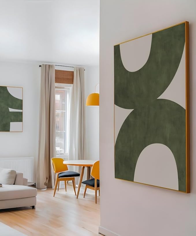 Nationcog Mid-Century Green Organic Lines Art, Modern Minimalist Wall Decor, Bold Beige Tones Contemporary Home Accent, Aesthetic Trendy Design (Unframed) (12x18)