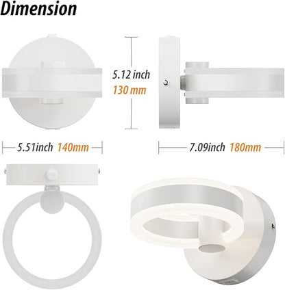 LED Wall Sconces Set of Two with ON/Off Switch, White Rotatable Hardwired Wall Light Fixtures, Built in USB Charging Port, Modern Wall Decor for Bed Lighting.