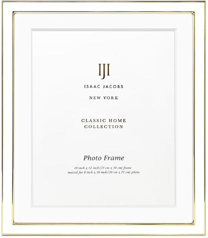 Isaac Jacobs 10x12 (Matted 8x10) White Enamel Picture Frame with Gold Metal Edge and Easel, Tabletop Display, Wall Décor, Photo Gallery, (10x12 (Matted 8x10), White with Gold)