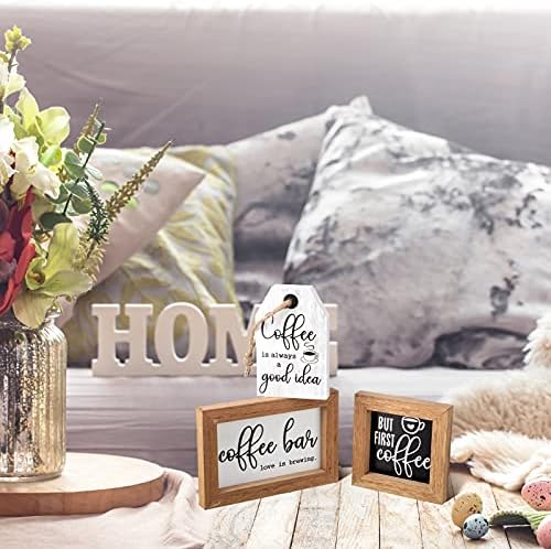 3 Pieces Coffee Bar Decor Sign But First Coffee Wood Sign Mini Farmhouse Wall Rustic Wooden Art Plaque Bar Tabletop Shelf Accessories for Tier Tray Decor Home Office Kitchen