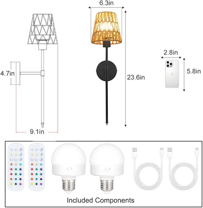 Boho Battery Operated Wall Sconce Set of 2, Black Rattan Rechargeable Wall Lights with Dimmable Bulbs and Remote,15 Colors Wireless Wall Lamps for Bedroom Living Room Hallway Decor