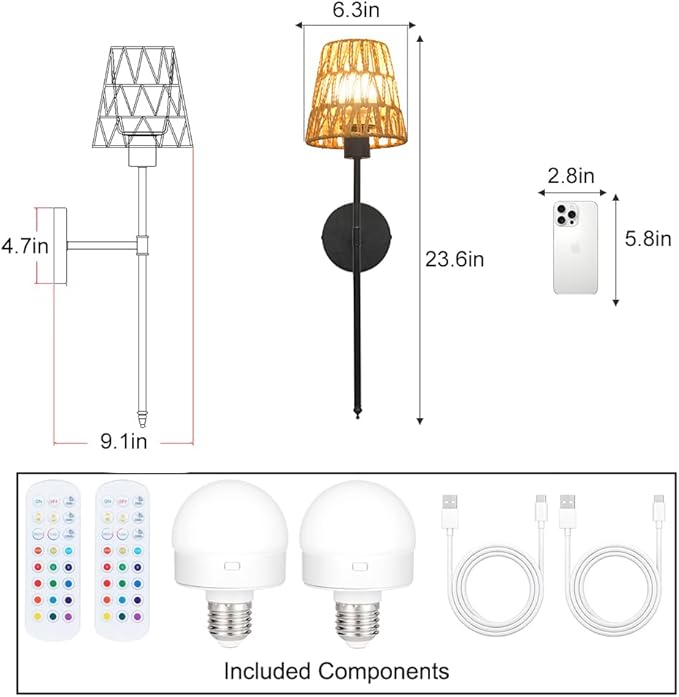 Boho Battery Operated Wall Sconce Set of 2, Black Rattan Rechargeable Wall Lights with Dimmable Bulbs and Remote,15 Colors Wireless Wall Lamps for Bedroom Living Room Hallway Decor