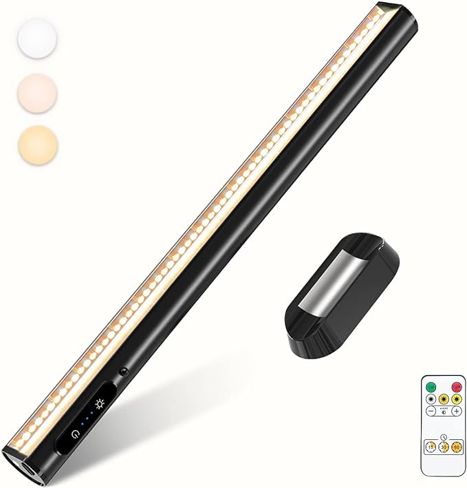 Rechargeable Magnetic LED Light Bar with Remote, Under Cabinet Lighting Wireless, Battery Powered Operated Wall Strip Lights, Dimmable Desk Lamp for Mirror Closet Picture Kitchen – Black