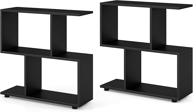 Giantex 3-Tier Geometric Bookshelf Set of 2, 24" Tall Wood S-Shaped Display Shelves with Thick Foot Pads, Freestanding Open Shelves Nightstand, Floor Standing Display Shelf Bookcase, Black