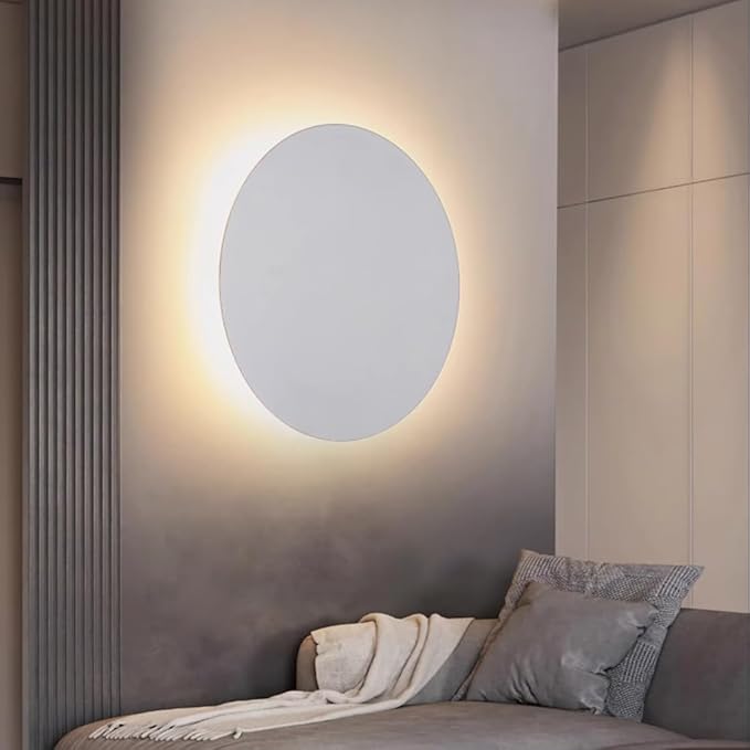 White Modern Wall Sconce Round Disc Sconces Wall Lighting Metal Circular Stairwell Lighting 3000K Warm LED Wall Lights for Living Room Bedroom Stairway - 16"