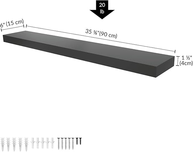 Ballucci Floating Shelf, 36" Wood Wall Shelf with Invisible Brackets for Bathroom, Living Room, Bedroom, Kitchen, Nursery, 6" Deep, Black