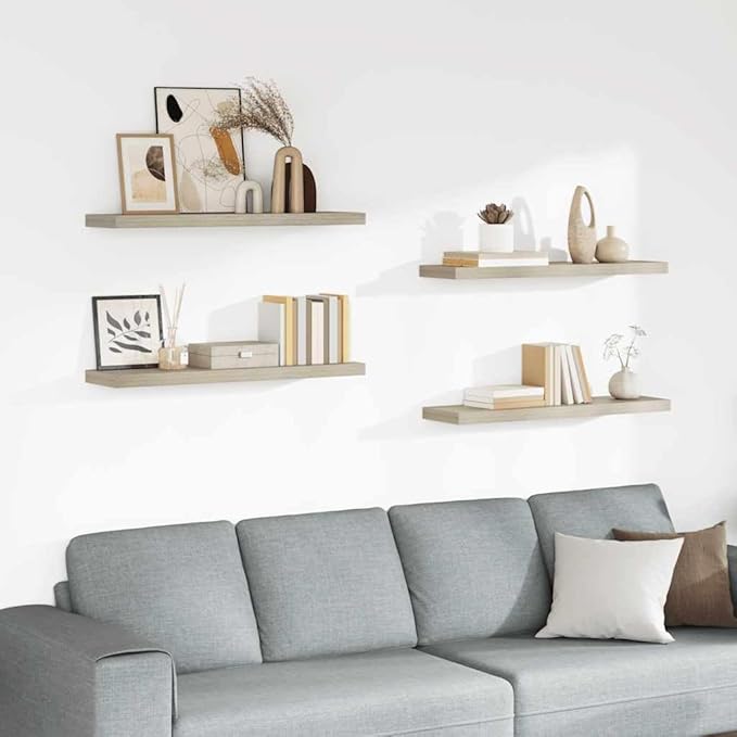 Set of 4 Oak Honeycomb MDF Floating Wall Shelves with Metal Brackets, 35.4 x 9.3 x 1.5 Inch, Modern Invisible Mount for Living Room Office Storage and Display
