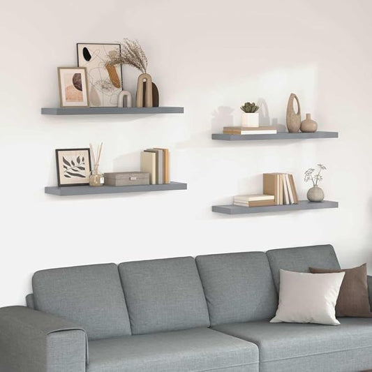 Set of 4 Grey Floating Wall Shelves, Honeycomb MDF and Metal Construction, 35.4x9.3x1.5 Inch, Modern Display Shelves for Home Organization and Decoration, Space-Saving