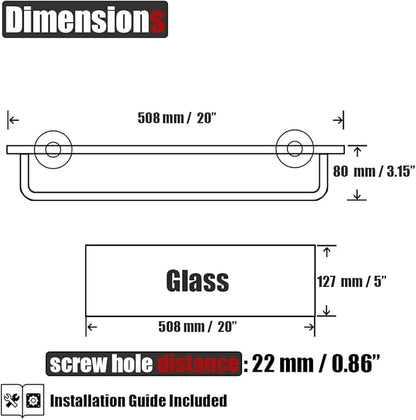 JQK Bathroom Glass Shelf, Shelf with 19 Inch Towel Bar Tempered Glass Shower Storage 20 by 5 inches, 304 Stainless Steel Brushed Gold Wall Mount, TGS100L20-BG