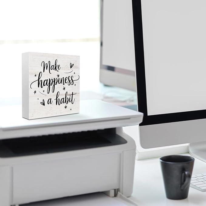 Inspirational Gifts for Women, Inspirational Wood Decor Make Happiness A Habit Wood Box Sign, Motivational Desk Decorative Signs for Home Office Table Shelf Cubicle