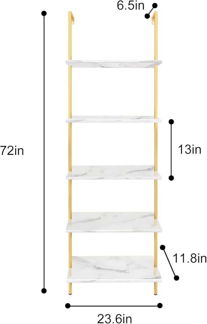 aboxoo Ladder Shelf 2PCS White Marble Bookshelf 5-Tier Wall-Mounted Wood Rack Open Industrial Modern Plant Flower Stand Utility Organizer Bookcase Metal Frame Furniture Office Kitchen Bedroom