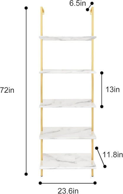 aboxoo Ladder Shelf 2PCS White Marble Bookshelf 5-Tier Wall-Mounted Wood Rack Open Industrial Modern Plant Flower Stand Utility Organizer Bookcase Metal Frame Furniture Office Kitchen Bedroom
