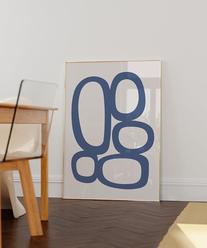 Nationcog Mid-Century Blue Beige Organic Circles Art, Minimalist Modern Wall Decor, Simple Contemporary Home Accent, Trendy Valentines Gift (Unframed) (27x40)