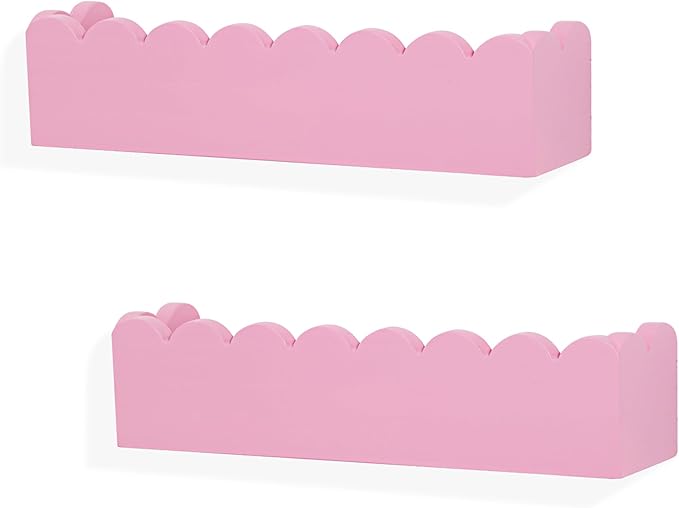 Wood Floating Shelves for Wall,Nursery Bookshelf,Kids Book Shelf,Baby Toys Storage Decor Organizer Wall Mounted for Living Room Bedroom,Wavy Edge,Preassembled,2 Pack,Scalloped Pine(Pink)