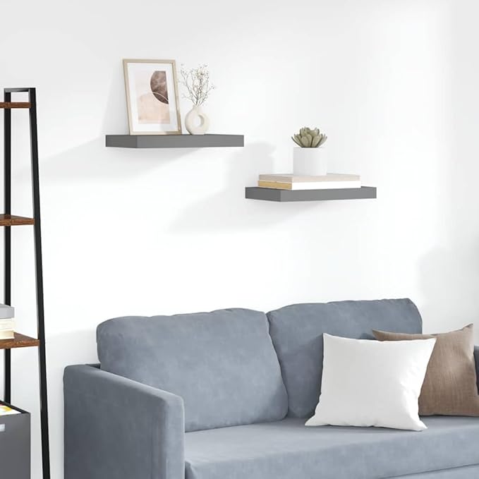 High Gloss Grey Honeycomb MDF and Metal Floating Wall Shelf Set of 2, Modern Display Storage for Books Photos Collectibles, Sturdy Mountable Home Office Decor
