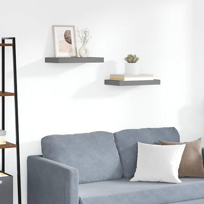 High Gloss Grey Floating Wall Shelf Set of 2, Honeycomb MDF and Metal Modern Display Storage for Books and Photos