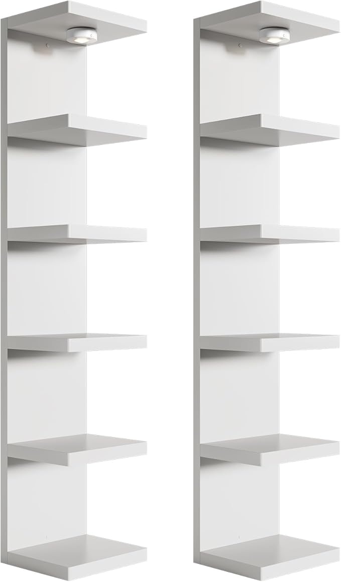2 Pack 6-Tier Versatile Wall Shelf Unit with USB Rechargeable Led Light (Remote Controlled),Vertical Floating Display Shelves,Lack Style Wall Shelves for Bedroom, Decor,Vanity-White