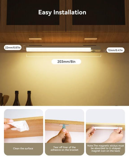 Under Cabinet Lighting 8 Inch 6-Pack, Rechargeable Motion Sensor Light Indoor, Dimmable Closet Lights 3 Color Temps, Wireless Under Counter Lights for Kitchen, Stairs