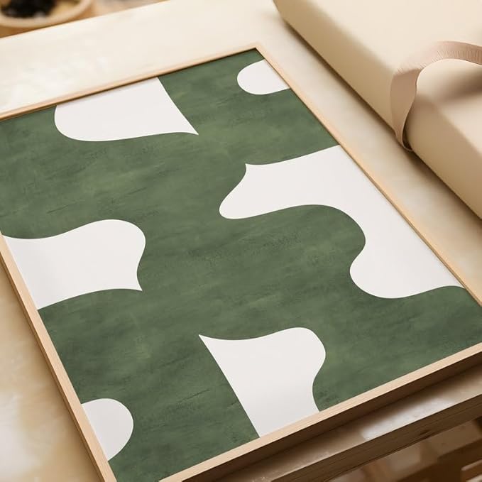 Nationcog Green Mid Century Wall Art, Minimalist Abstract Poster with Beige Tones, Retro Organic Shape Print, Modern Neutral Home Decor for Living Room or Entryway (Unframed) (27x40)