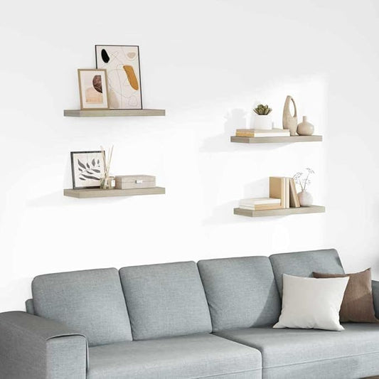 Set of 4 Oak Honeycomb MDF Floating Wall Shelves, Modern Storage Display with High Capacity and Seamless Design for Living Room Office