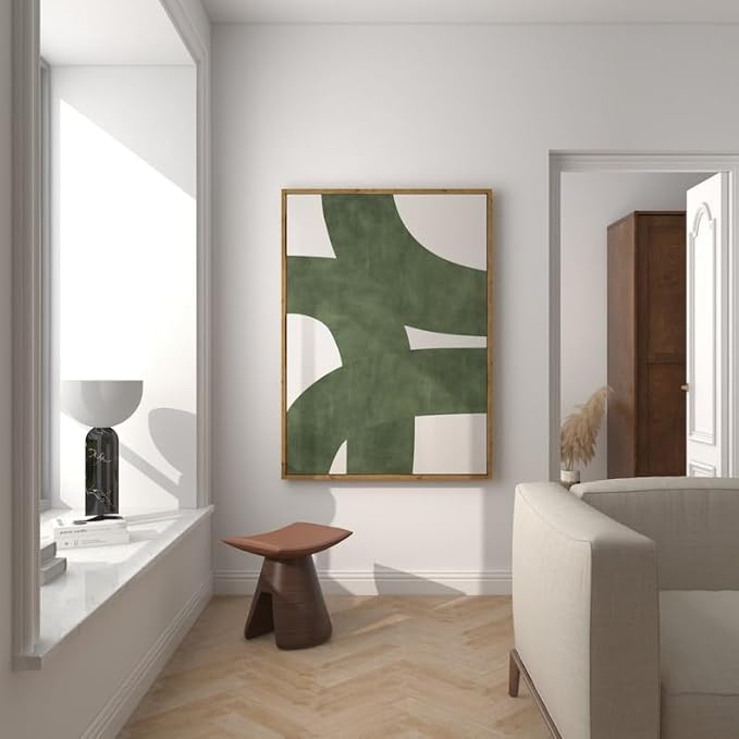 Nationcog Mid-Century Green Organic Lines Art, Modern Minimalist Wall Decor, Bold Beige Tones Contemporary Home Accent, Trendy Greenery Design (Unframed) (24x36)