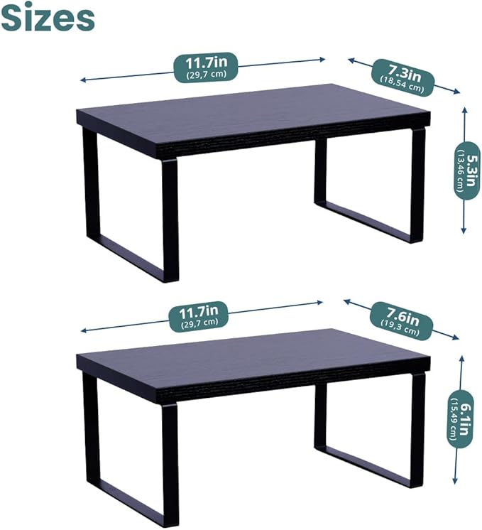 Sben Cabinet Organizer Shelf, Set of 2 Kitchen Counter Shelves, Kitchen Storage, Spice Rack, Stackable, Expandable, Metal and Engineered Wood, Ink Black and Charcoal Black