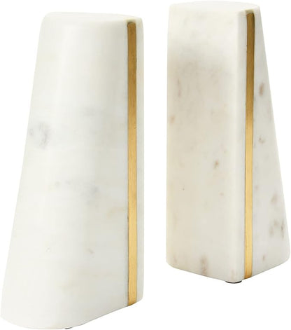 Main + Mesa Geometric Marble Bookends with Brass Inlay, White