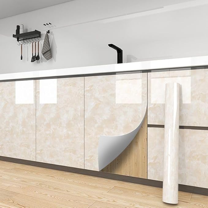 Yancorp 24inch Wide Cream White Contact Paper Removable Wallpaper Peel and Stick Countertops Waterproof Marble Wallpaper Self-Adhesive Peel and Stick Backsplash for Cabinets Kitchen