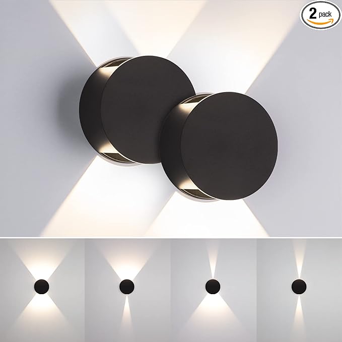 Tubicen LED Wall Sconces Set of 2 Dimmable Home Theater Sconces Beam-Adjustable Up and Down Wall Lights Indoor 6W Black Round Small Wall Sconces for Living Room Bedroom Hallway Stairs Hardwired