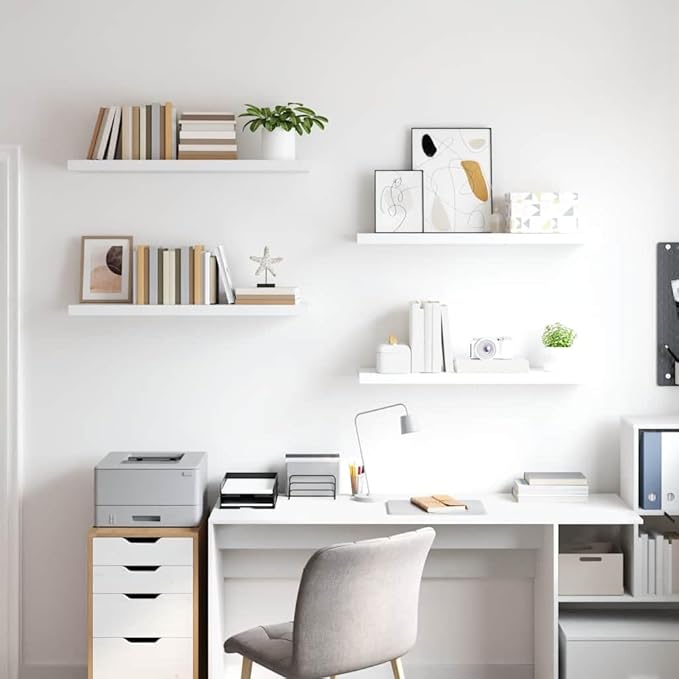 White Honeycomb Floating Wall Shelf Set of 4, 35.4 Inch Long MDF and Metal Modern Shelves for Stylish Display and Space Saving Storage