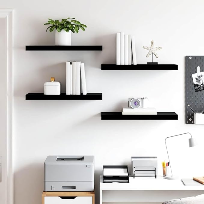 Set of 4 High Gloss Black Honeycomb MDF Floating Wall Shelves with Metal Frame for Living Room Bedroom Office Storage Display