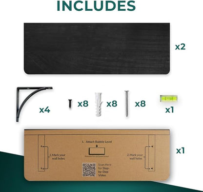 Reinforced Steel Bracket Black Shelves for Bathroom Wall - Easy to Install, Template and Video Included - Black Shelf for Bedroom, Long Wood Wall Shelves, Book Shelf