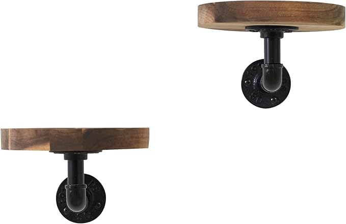 Round Wooden Floating Shelves Wall Mounted (Set of 2). Made of Acacia Wood. Industrial Pipe Brackets. A Unique Rustic Pedestal for Plants and Ornaments. Diameter 7.1 inches.