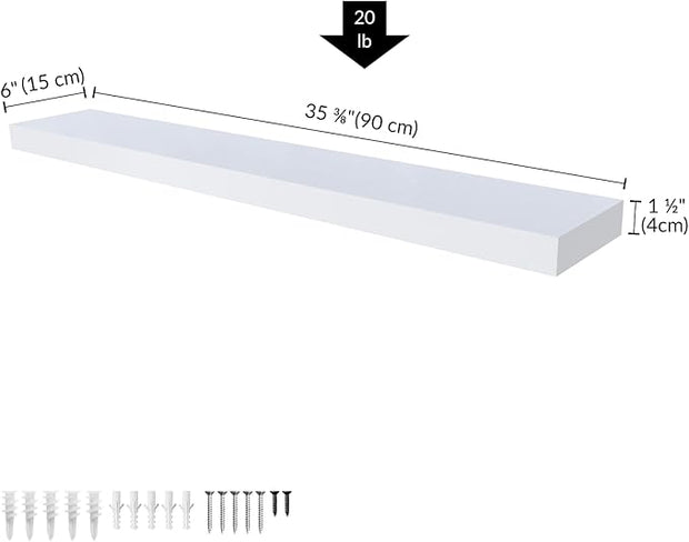 Ballucci Floating Shelf, 36" Wood Wall Shelf with Invisible Brackets for Bathroom, Living Room, Bedroom, Kitchen, Nursery, 6" Deep, White