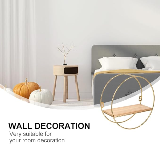ABOOFAN Round Wall Floating Shelves, 10'' Small Gold Metal Wire Geometric Circle Organizer Wall Shelf, Space-Saving Decorative Display Floating Rack for Living Room, Office