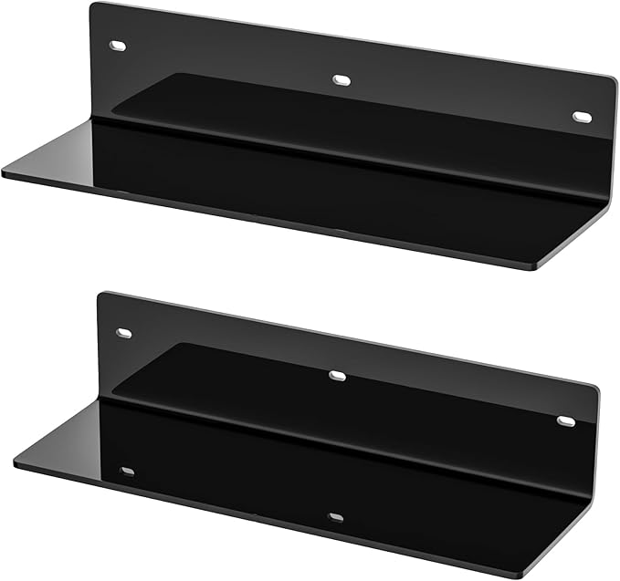 12 Inches Black Wall Shelves Set of 2, Acrylic Bathroom Shelves Wall Mounted for Home Décor, Plants, Cosmetics, Skincare, Moisture-Proof, 4'' Depth, 2 Pack