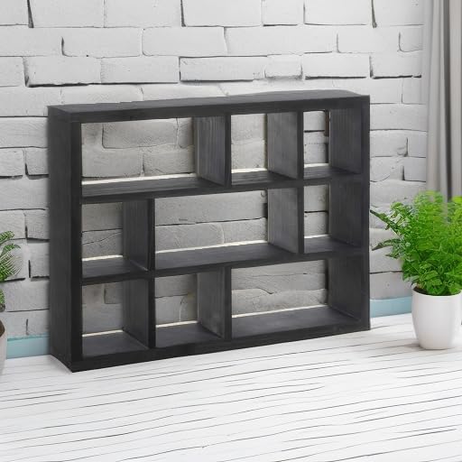 MyGift 9 Compartment Vintage Solid Wood Shadow Box, Wall Mountable Curio Display Case, Freestanding or Floating Shelf for Collectible Figurines, Succulents (Matte Black)