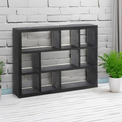 MyGift 9 Compartment Vintage Solid Wood Shadow Box, Wall Mountable Curio Display Case, Freestanding or Floating Shelf for Collectible Figurines, Succulents (Matte Black)