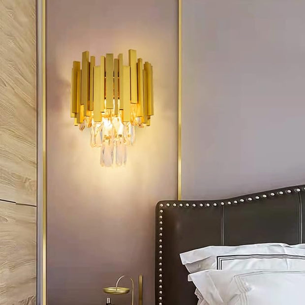 FRIXCHUR Crystal Wall Sconce Lights 3 Tiers Crystal Wall Lamp Modern Wall Lighting Fixture Bedside Night Lamp for Bedroom Bathroom Living Room Hallway,Gold,2 x E12 Base