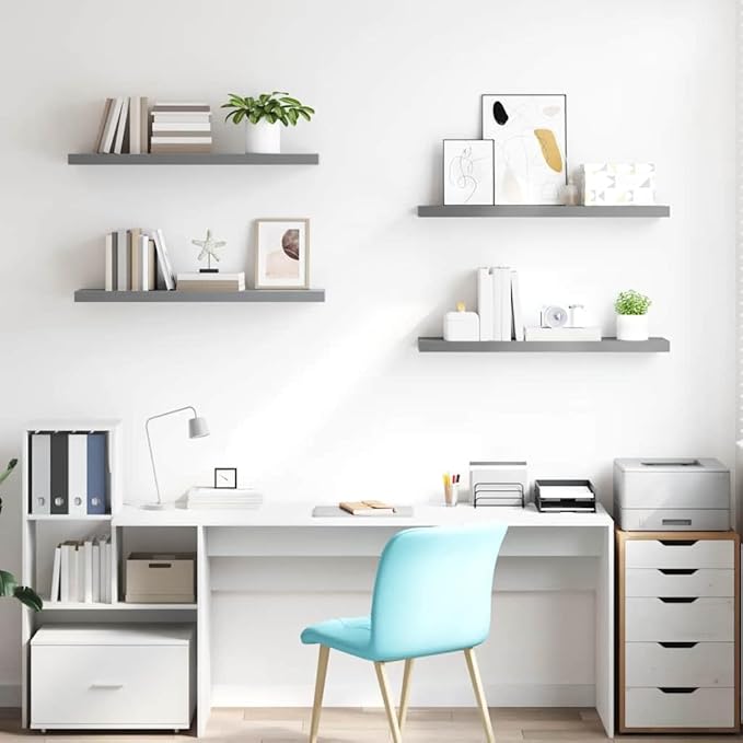Wall Shelf Set of 4 Grey Honeycomb MDF Metal Floating Shelves 35.4x9.3x1.5 in for Home Organization and Decoration, Durable Modern Display Storage Solution