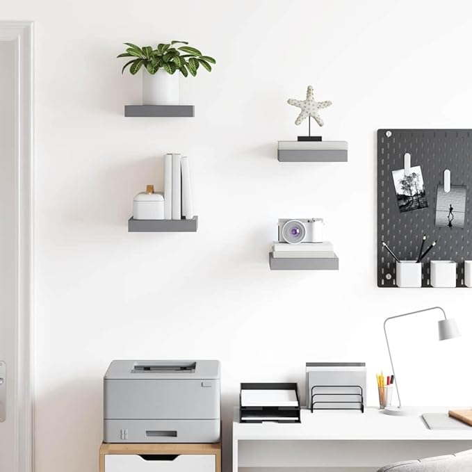 Modern Floating Wall Shelves Set of 4, Grey Honeycomb MDF with Metal Mounting Hardware for Stylish Display and Storage