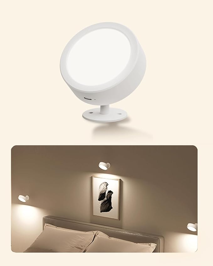 EZVALO LED Wall Mounted Light, 3000mAh Rechargeable Cordless Wall Sconce, 3 Color Temperatures, Dimmable with Remote & Touch Control, 360° Rotatable for Bedroom, Bedside, Reading, Study (White)