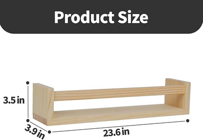 Kids Floating Shelves (Set of 4) - Wall-Mounted Book & Toy Storage, Display Ledges with Front Bar, Unfinished Natural Pine Wood for Nursery, Bedroom & Bathroom Decor (Natural Wood, 23.6")