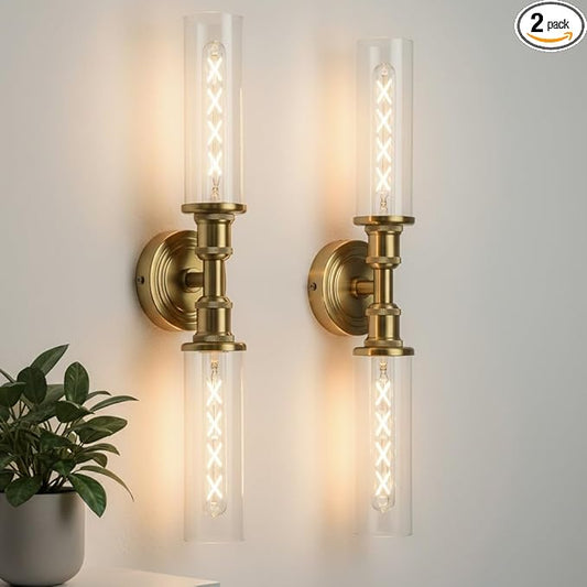 Ken & Ricky 24In Wall Sconces Set of Two, Brushed Gold Bathroom Sconces Wall Lighting with Clear Glass, Vanity Lights for Bathroom Bedroom Living Room Hallway KR3376-W-BG-2PK