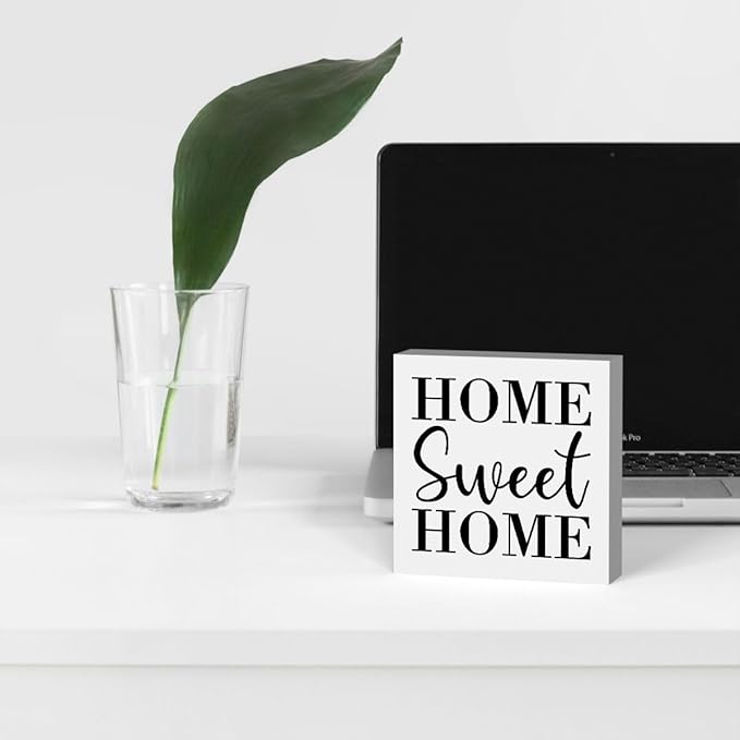 Home Sweet Home Rustic Farmhouse Style Wood Sign Art 5 x 5 Inch Wooden Box Plaque for Living Room Desk Décor Gift