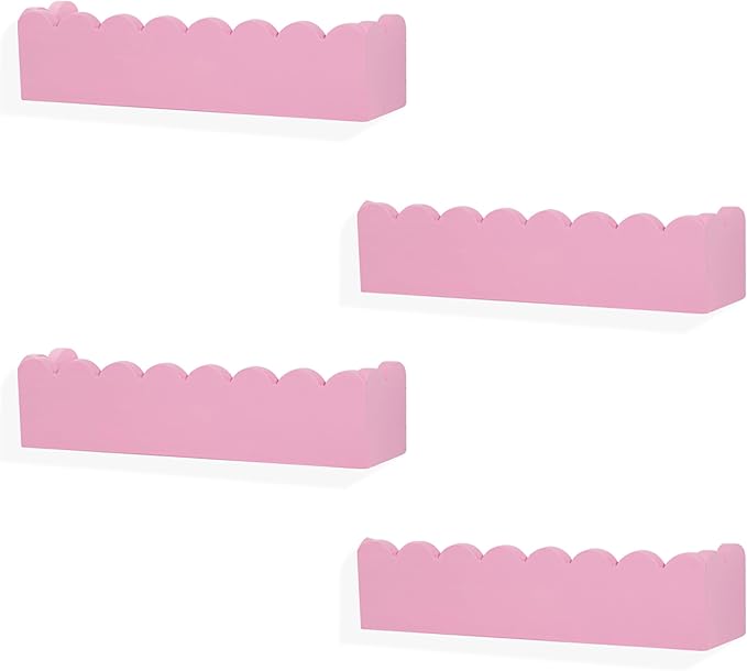 Wood Floating Shelves for Wall,Nursery Bookshelf,Kids Book Shelf,Baby Toys Storage Decor Organizer Wall Mounted for Living Room Bedroom,Wavy Edge,Preassembled,4 Pack,Scalloped Pine(Pink)