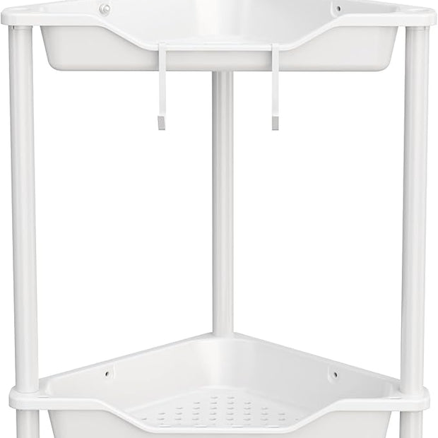 Orimade Rustproof 2 Tier Floor Standing Corner Shower Caddy Organizer, Plastic Metal Splicing Floor Corner Shelf Rack Stands for Bathroom, White