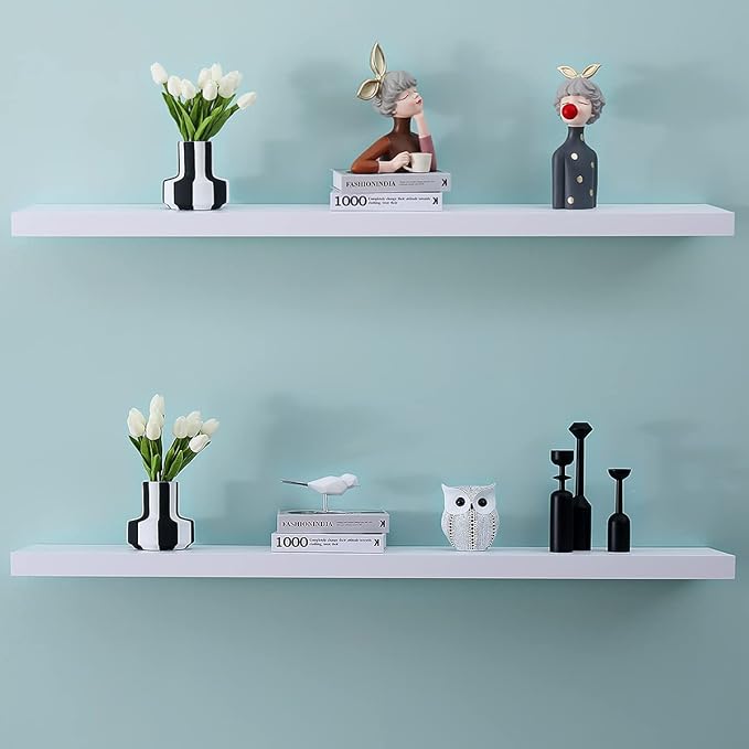 WELLAND 36 inch White Mission Floating Shelves for Wall, Bathroom Wall Mount Shelves, Wood Modern Display Shelves, Book Shelves,for Bedroom,Living Room and Kitchen